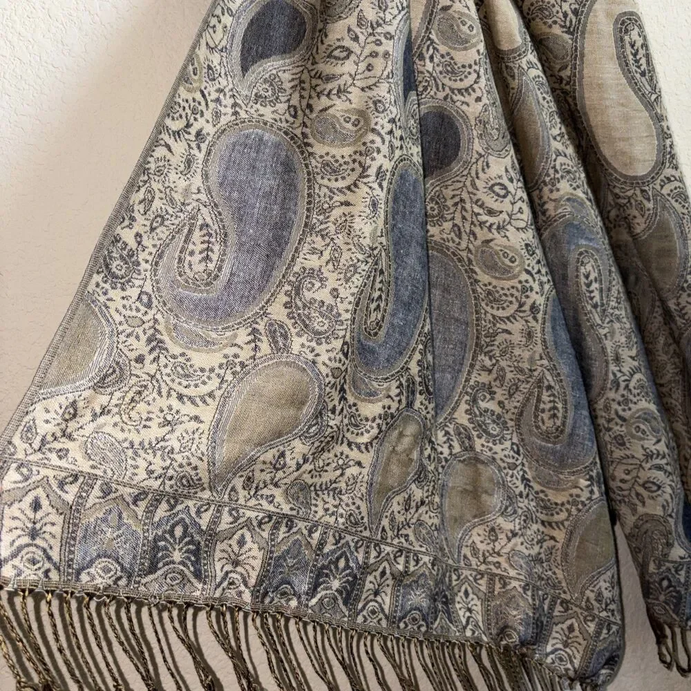 Silk Cashmere Scarf Wrap Shawl Paisley Floral Boho Wrap 28x74 Wide Fringe